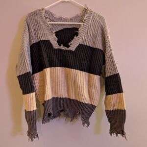 Striped Distressed Sweater - Gray, Black, Cream